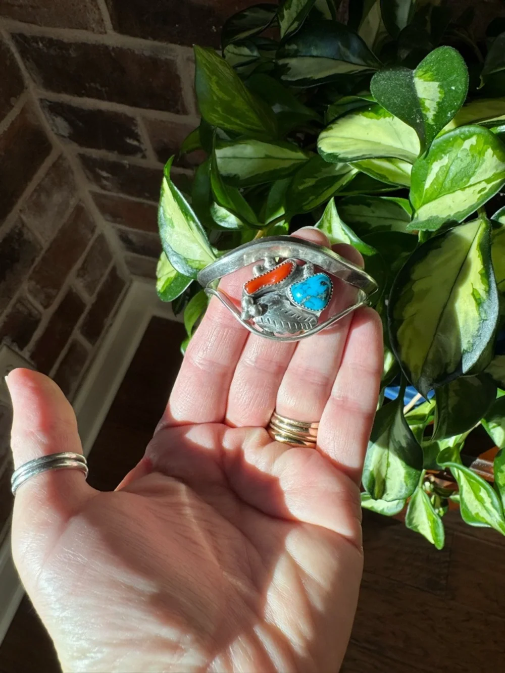 Native American David F Garcia Sterling Silver Turquoise and Coral Cuff Bracelet